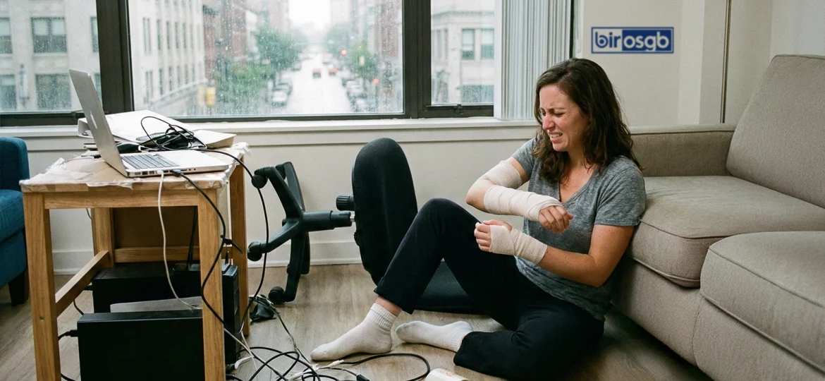 Home office ortamında bilgisayar başında çalışan personel ve olası evden çalışma iş kazası risklerini gösteren temsil görsel.