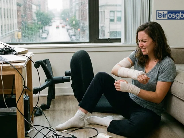 Home office ortamında bilgisayar başında çalışan personel ve olası evden çalışma iş kazası risklerini gösteren temsil görsel.